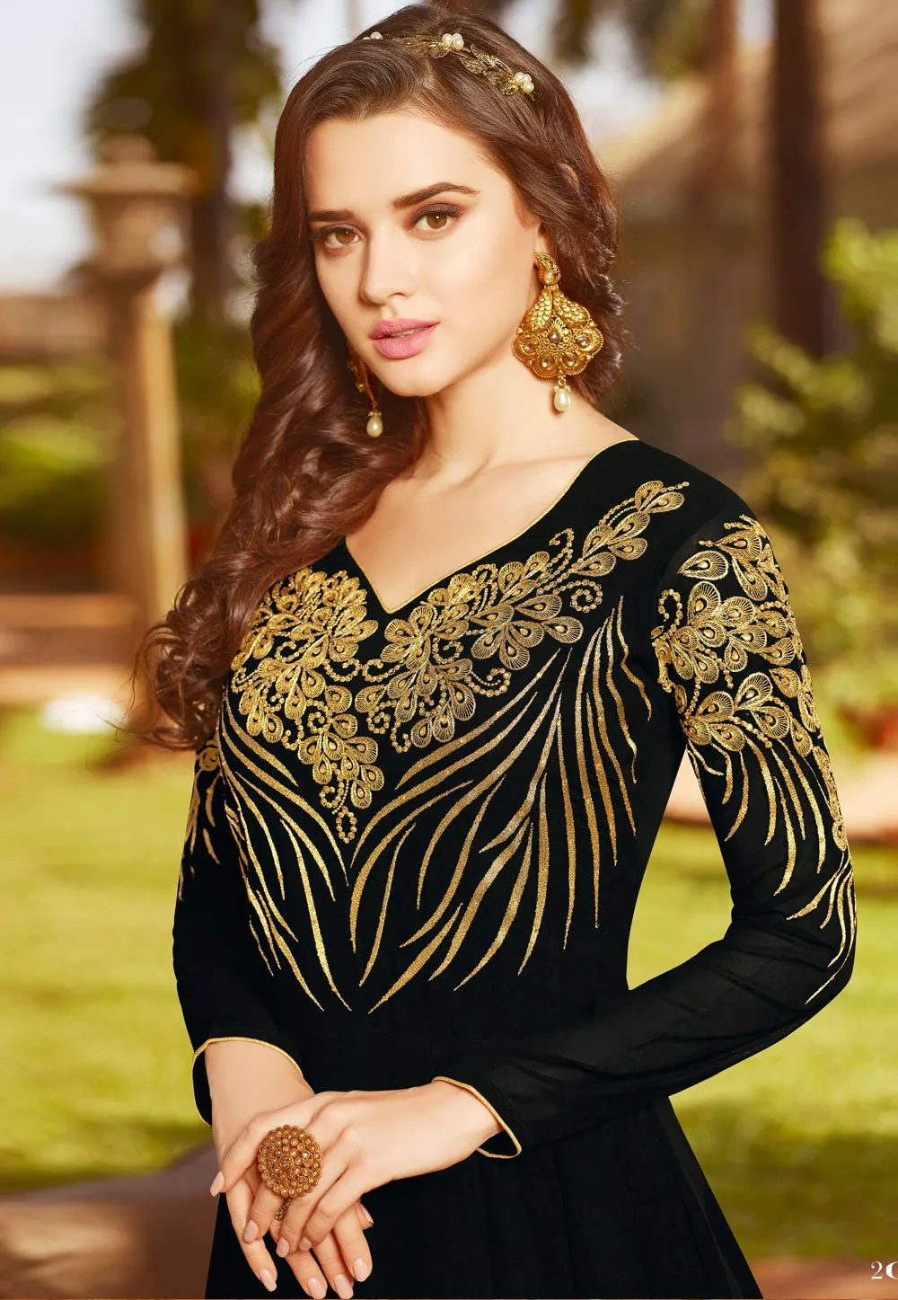 Black Golden Embroidered Georgette Anarkali Suit