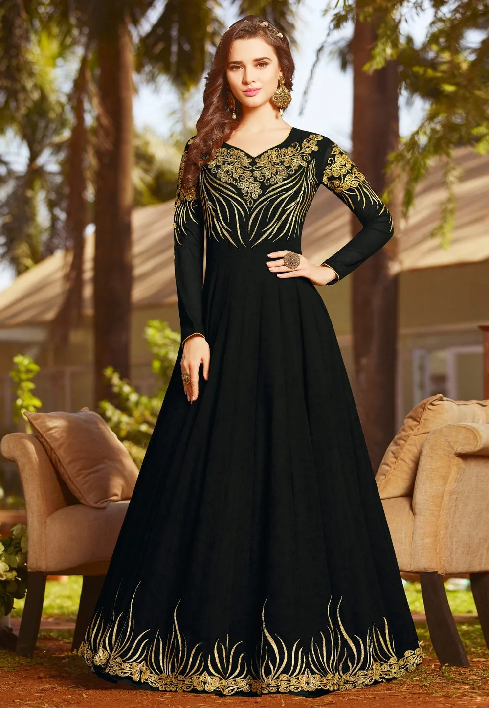 Black Golden Embroidered Georgette Anarkali Suit