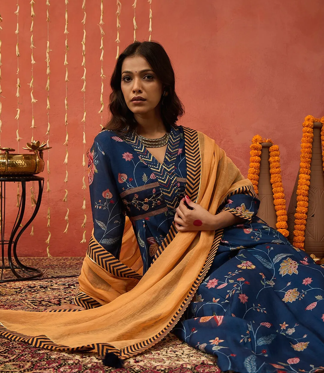 Blue bela chintz embroidered anarkali set