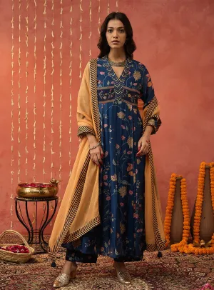 Blue bela chintz embroidered anarkali set