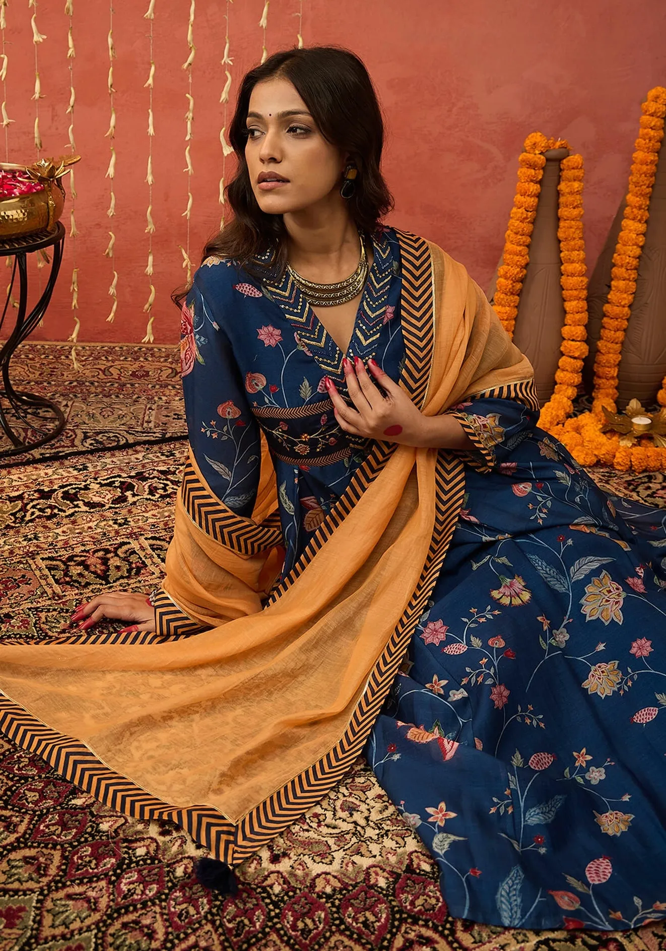 Blue bela chintz embroidered anarkali set
