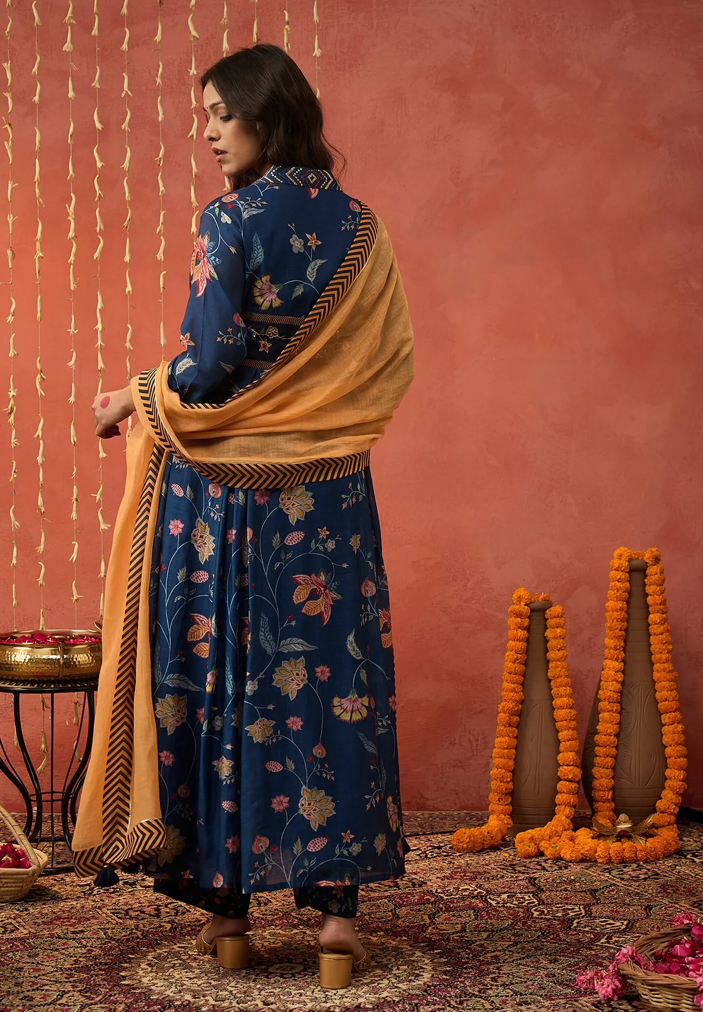 Blue bela chintz embroidered anarkali set