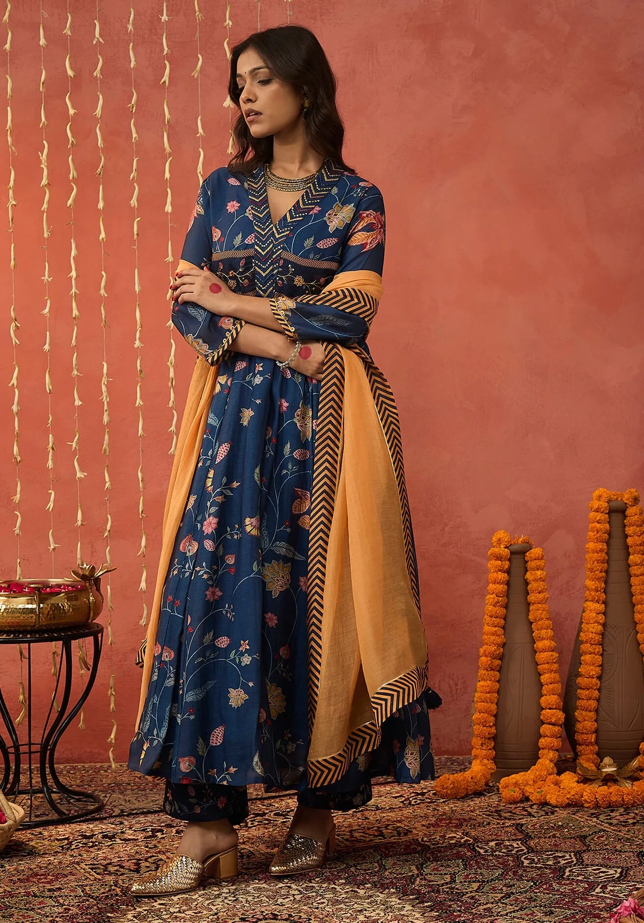Blue bela chintz embroidered anarkali set