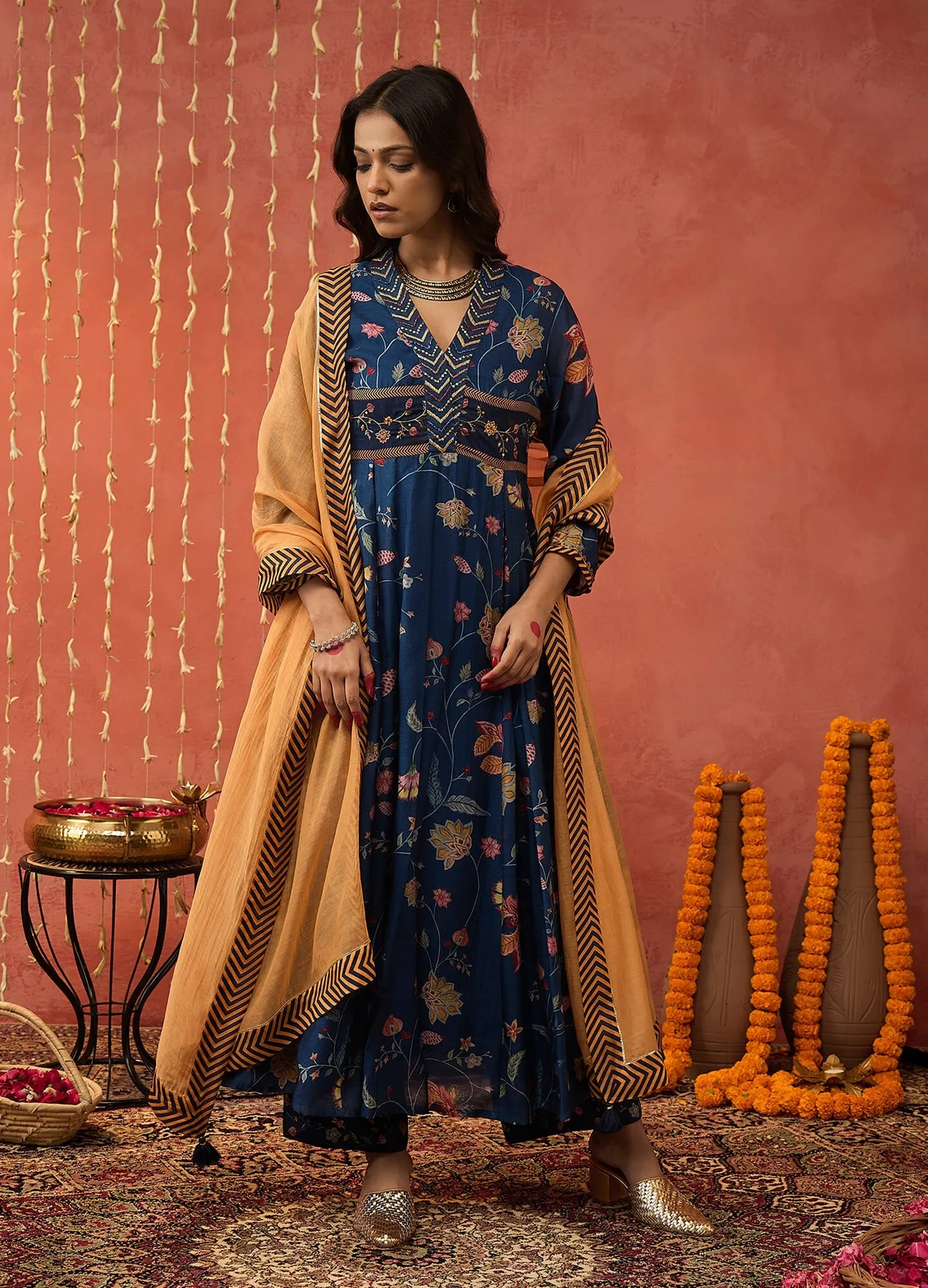 Blue bela chintz embroidered anarkali set