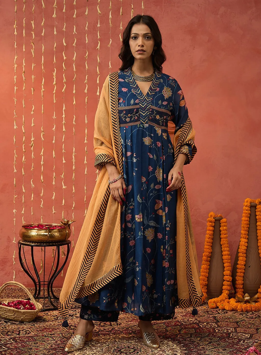 Blue bela chintz embroidered anarkali set