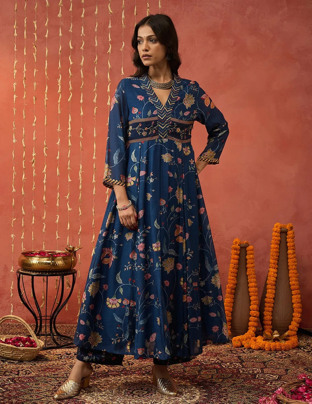 Blue bela chintz embroidered anarkali set