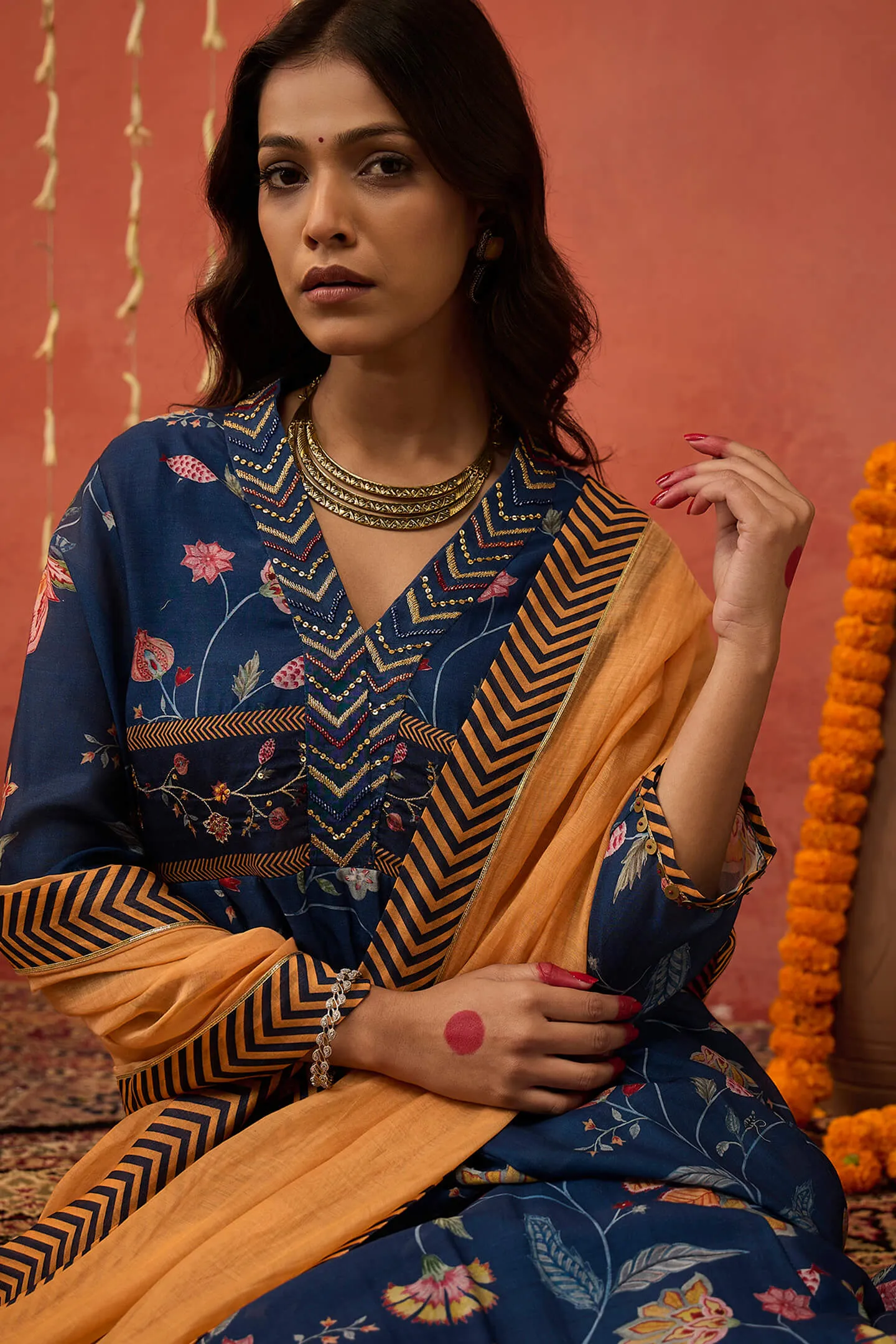 Blue bela chintz embroidered anarkali set