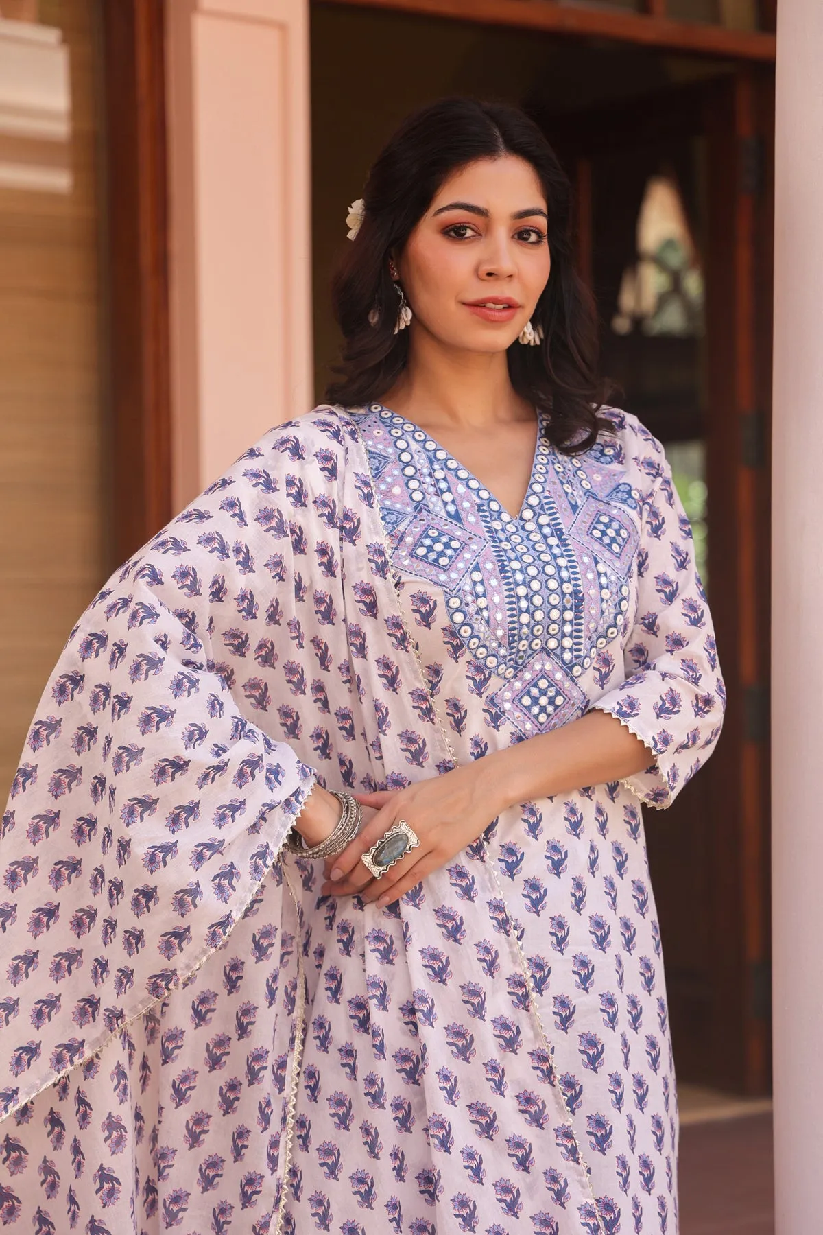 Blue Cotton Cambric Block-Printed Embroidered Straight Suit Set