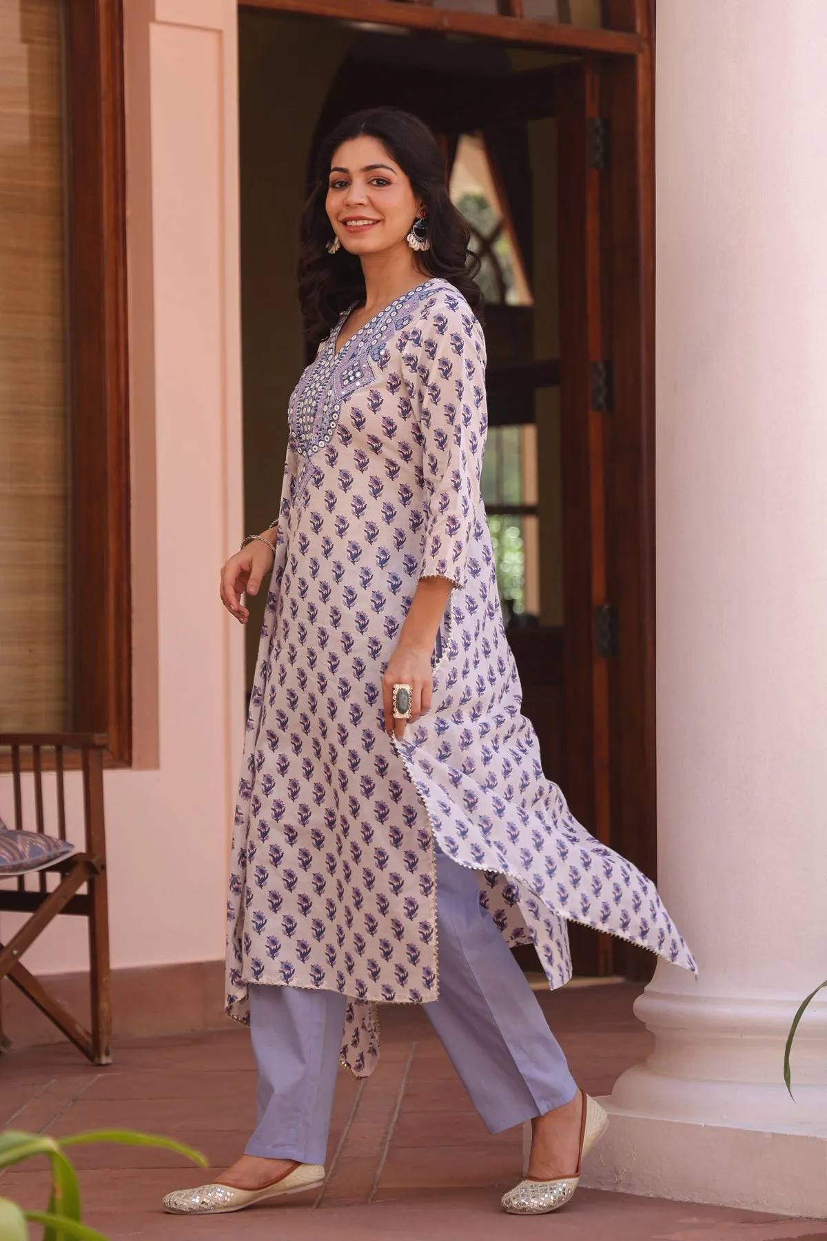 Blue Cotton Cambric Block-Printed Embroidered Straight Suit Set