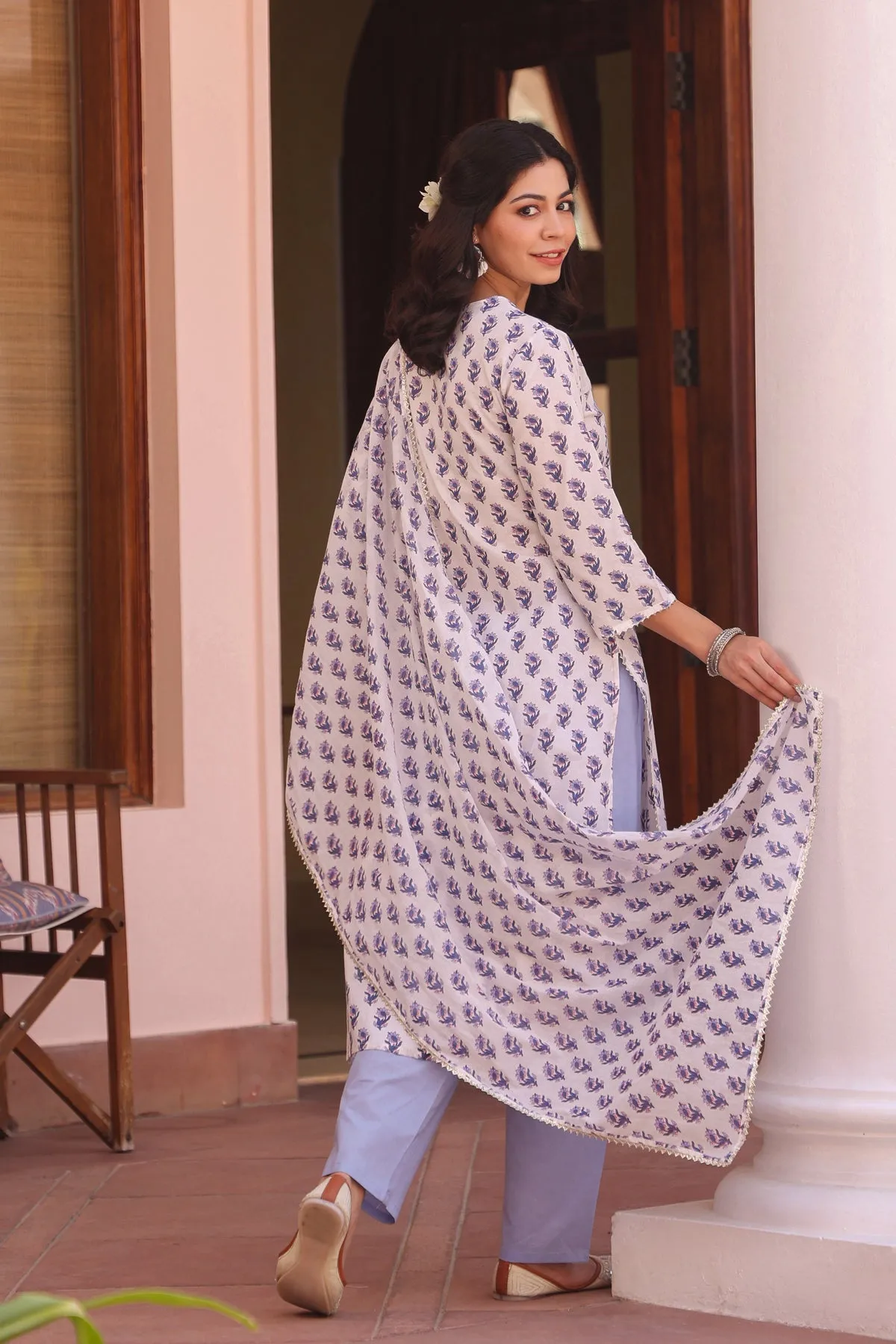 Blue Cotton Cambric Block-Printed Embroidered Straight Suit Set