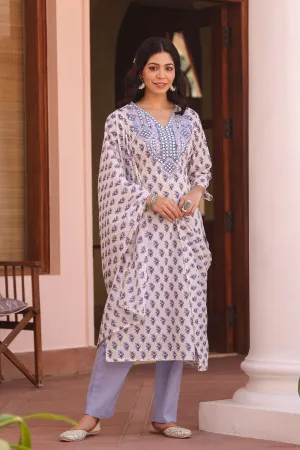 Blue Cotton Cambric Block-Printed Embroidered Straight Suit Set