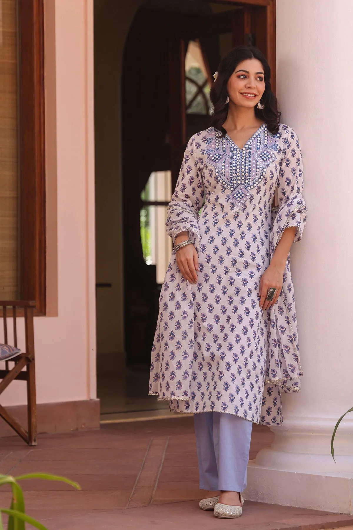 Blue Cotton Cambric Block-Printed Embroidered Straight Suit Set