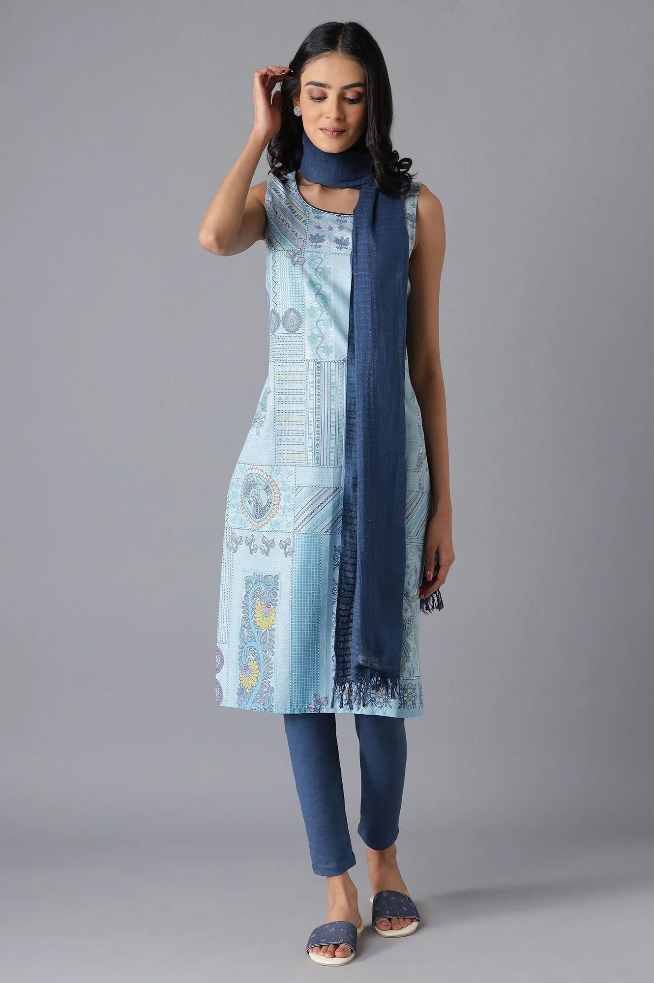 Blue Cotton Printed kurta