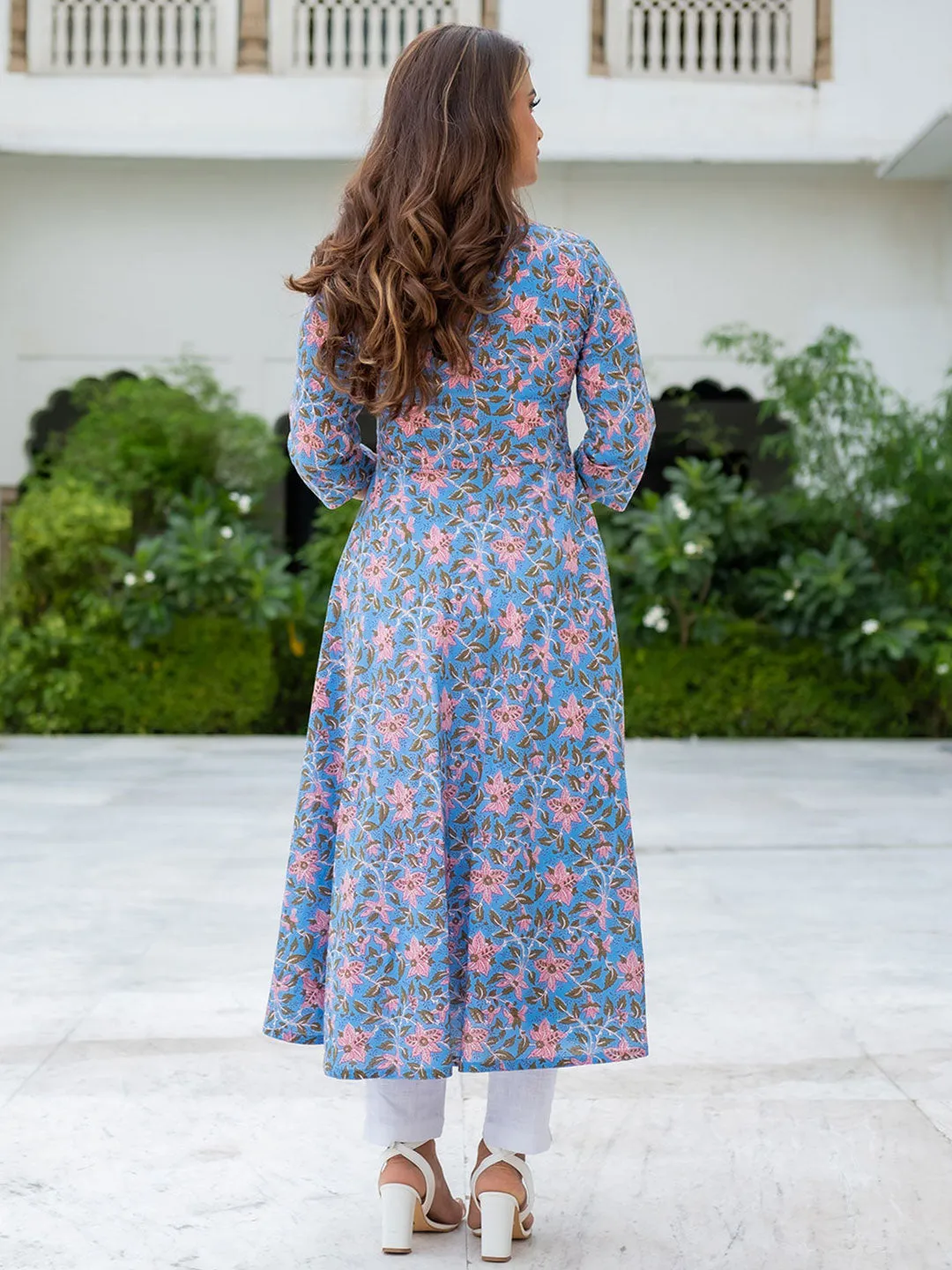 Blue Ethnic Motifs Printed Flared Long Cotton Kurta