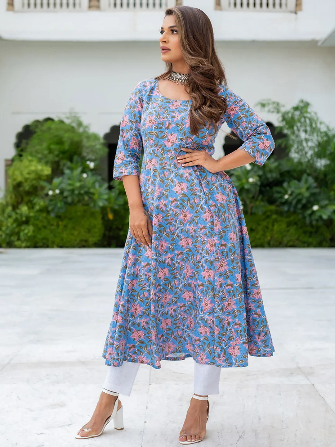 Blue Ethnic Motifs Printed Flared Long Cotton Kurta