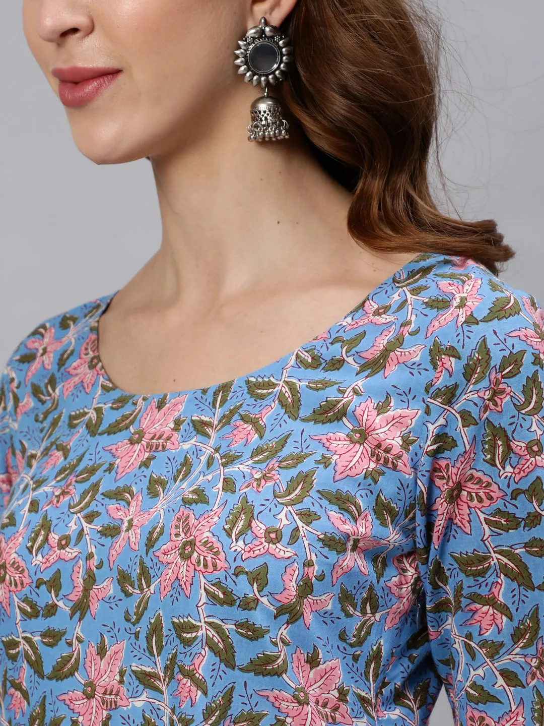 Blue Ethnic Motifs Printed Flared Long Cotton Kurta
