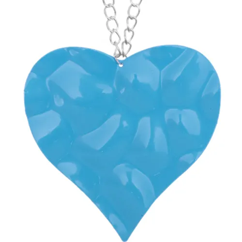 Blue Large Hammered Heart Chain Necklace