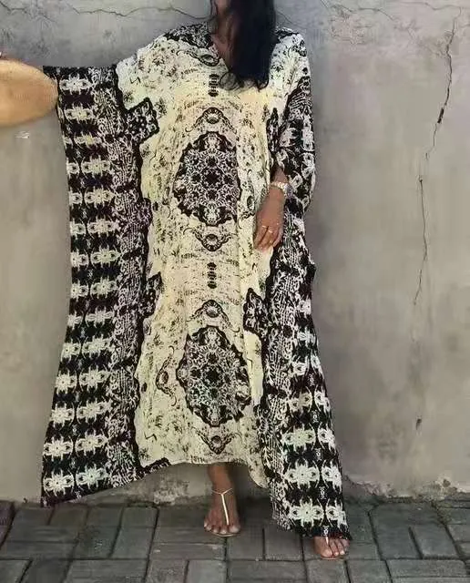 Bohemia Print Women Beach Dress New Short Sleeve Loose Bathing Suit Cover Ups Robe Beach Wear Summer Dress Pareos Mujer