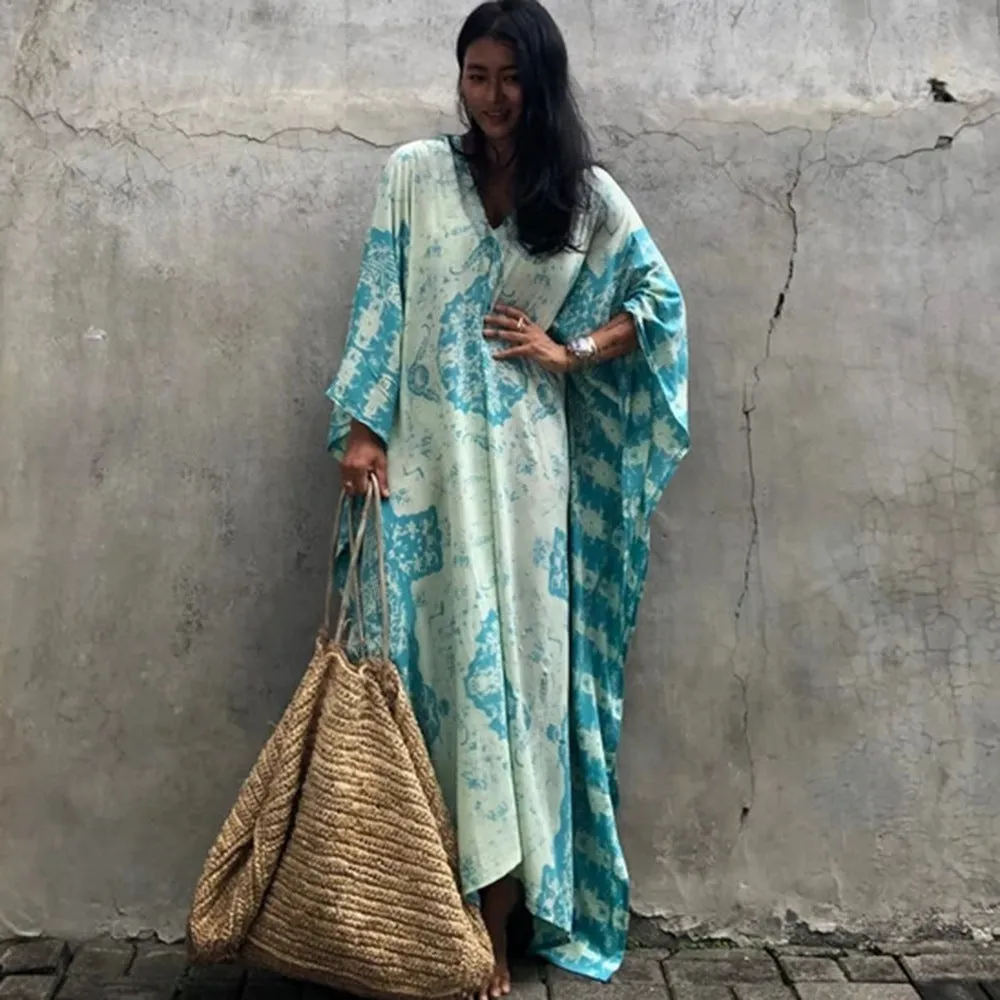 Bohemia Print Women Beach Dress New Short Sleeve Loose Bathing Suit Cover Ups Robe Beach Wear Summer Dress Pareos Mujer
