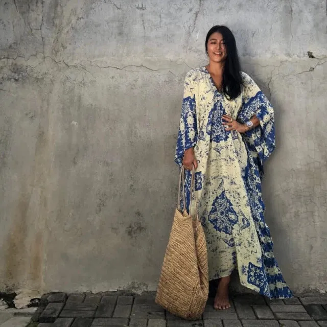 Bohemia Print Women Beach Dress New Short Sleeve Loose Bathing Suit Cover Ups Robe Beach Wear Summer Dress Pareos Mujer