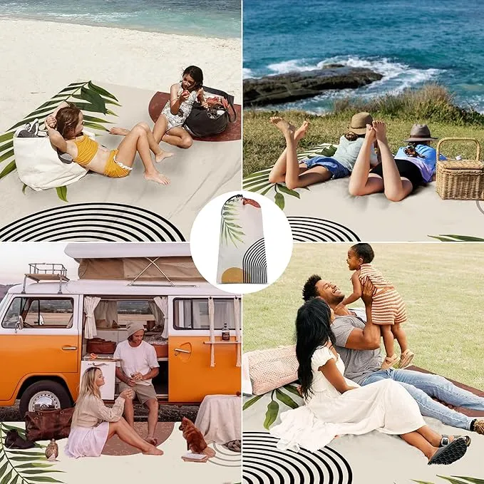 Bohemian Beach Blanket Waterproof Sandproof, 110''×118'' Oversized Sand Free Beach Mat 8 Adults, Polyester Lightweight Compact Picnic Blanket w/ 4 Stakes for Travel, Camping, Hiking - Rainbow Leaves
