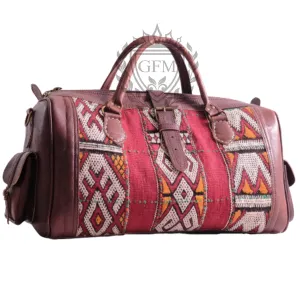 Bohemian Leather Travel Bag – Handmade Moroccan Kilim Rug Weekender