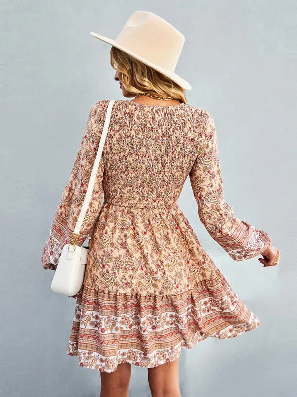 Bohemian Mini Dress with Floral Print and Smocked Bodice