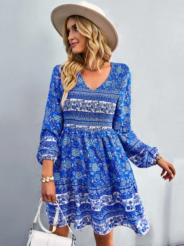 Bohemian Mini Dress with Floral Print and Smocked Bodice