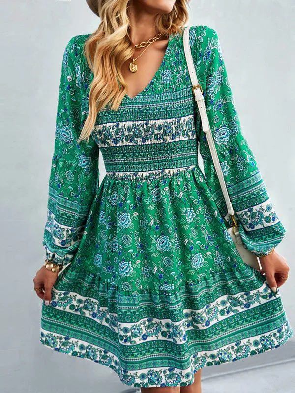 Bohemian Mini Dress with Floral Print and Smocked Bodice