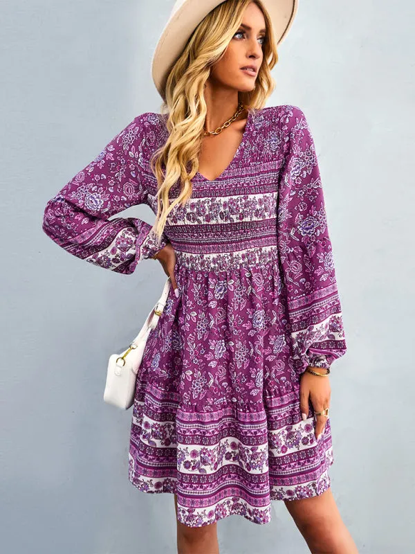 Bohemian Mini Dress with Floral Print and Smocked Bodice