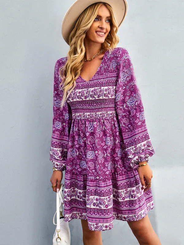 Bohemian Mini Dress with Floral Print and Smocked Bodice