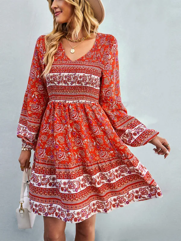 Bohemian Mini Dress with Floral Print and Smocked Bodice