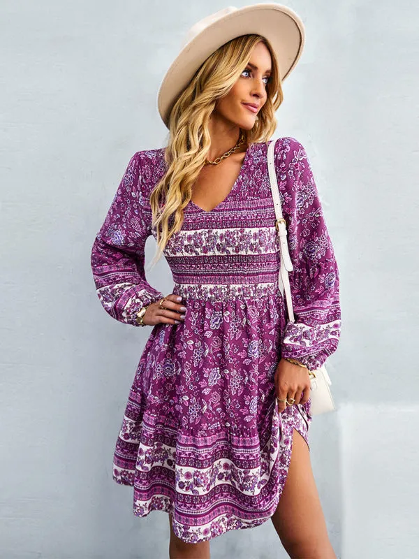 Bohemian Mini Dress with Floral Print and Smocked Bodice