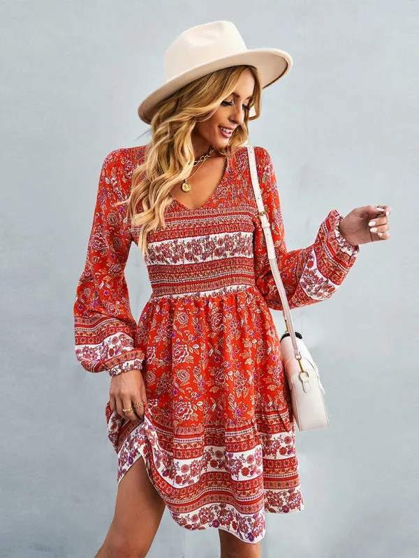 Bohemian Mini Dress with Floral Print and Smocked Bodice
