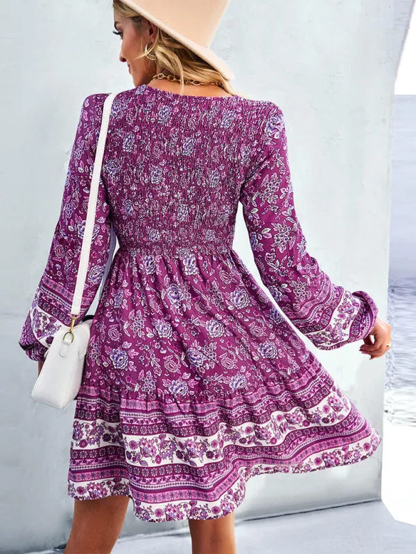 Bohemian Mini Dress with Floral Print and Smocked Bodice