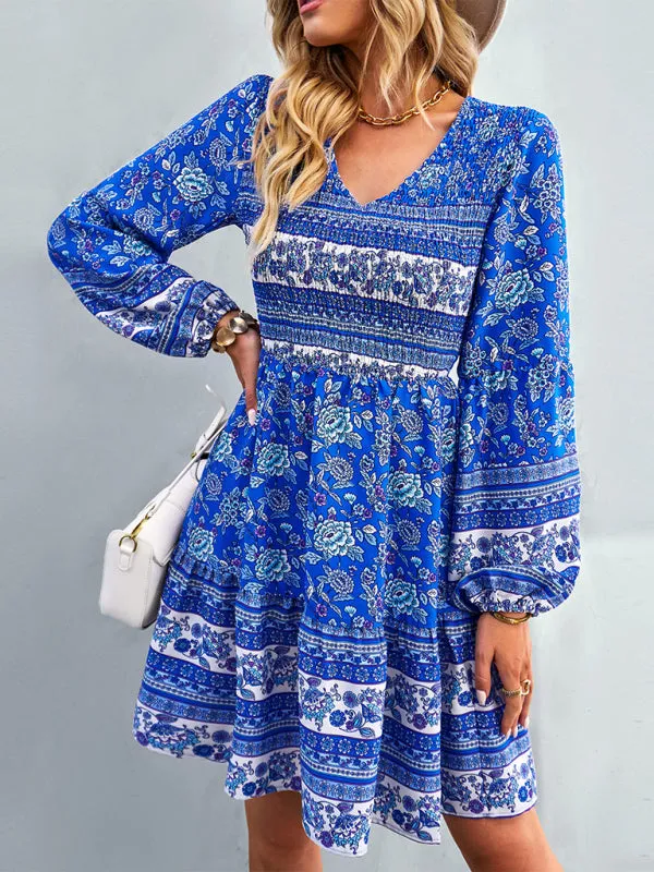Bohemian Mini Dress with Floral Print and Smocked Bodice