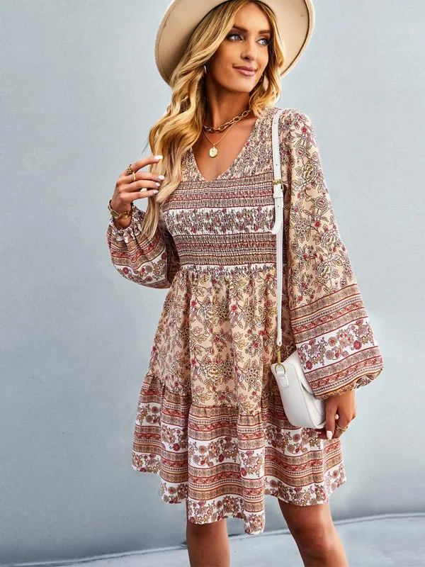 Bohemian Mini Dress with Floral Print and Smocked Bodice