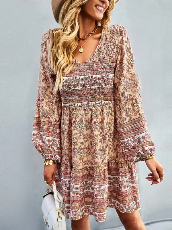 Bohemian Mini Dress with Floral Print and Smocked Bodice