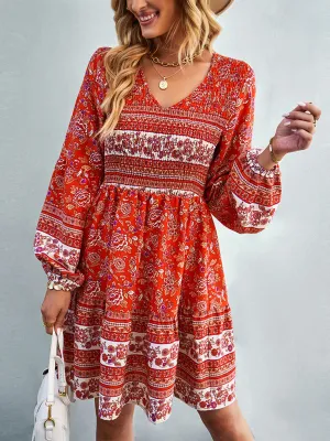 Bohemian Mini Dress with Floral Print and Smocked Bodice
