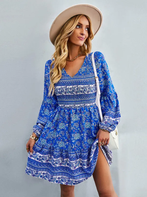 Bohemian Mini Dress with Floral Print and Smocked Bodice