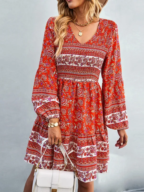 Bohemian Mini Dress with Floral Print and Smocked Bodice