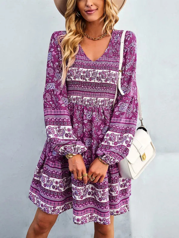 Bohemian Mini Dress with Floral Print and Smocked Bodice