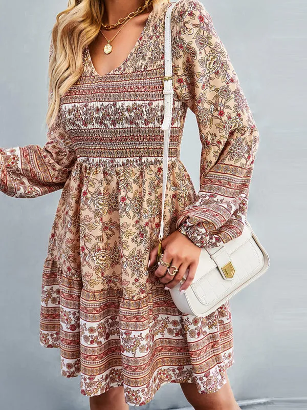 Bohemian Mini Dress with Floral Print and Smocked Bodice