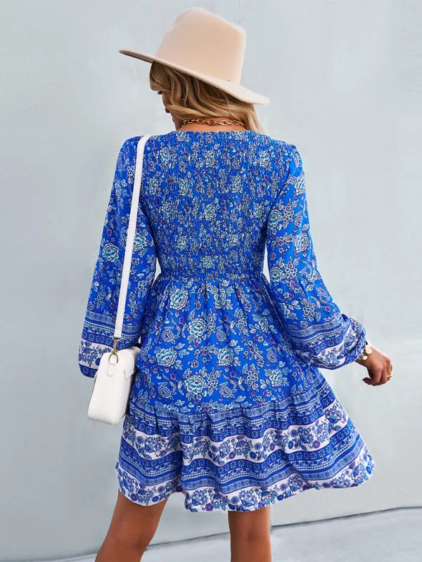 Bohemian Mini Dress with Floral Print and Smocked Bodice