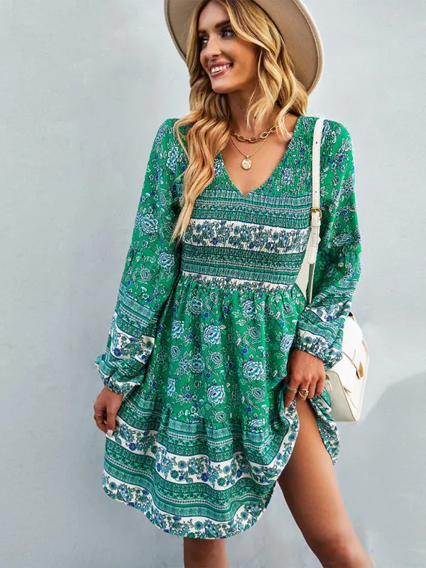 Bohemian Mini Dress with Floral Print and Smocked Bodice