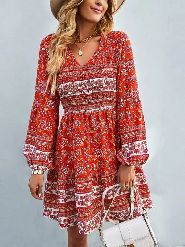 Bohemian Mini Dress with Floral Print and Smocked Bodice