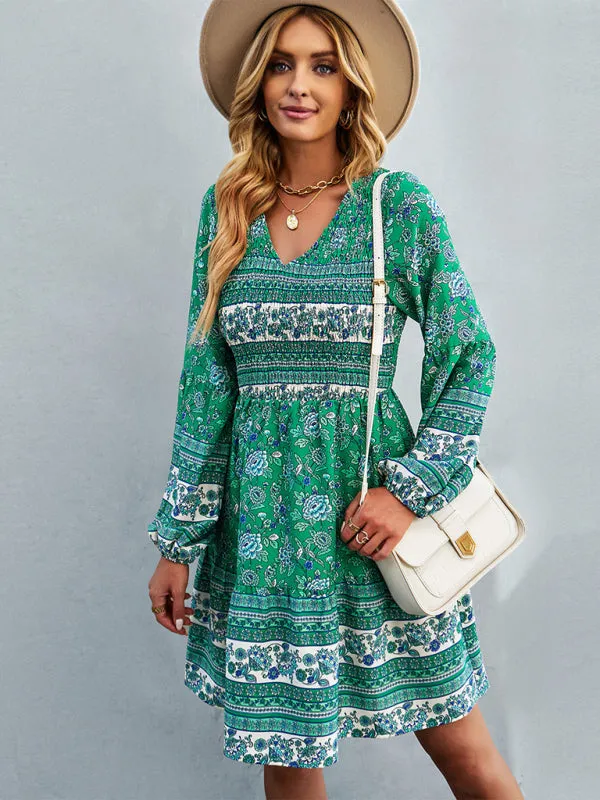 Bohemian Mini Dress with Floral Print and Smocked Bodice