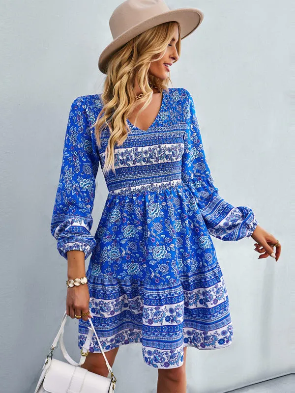 Bohemian Mini Dress with Floral Print and Smocked Bodice
