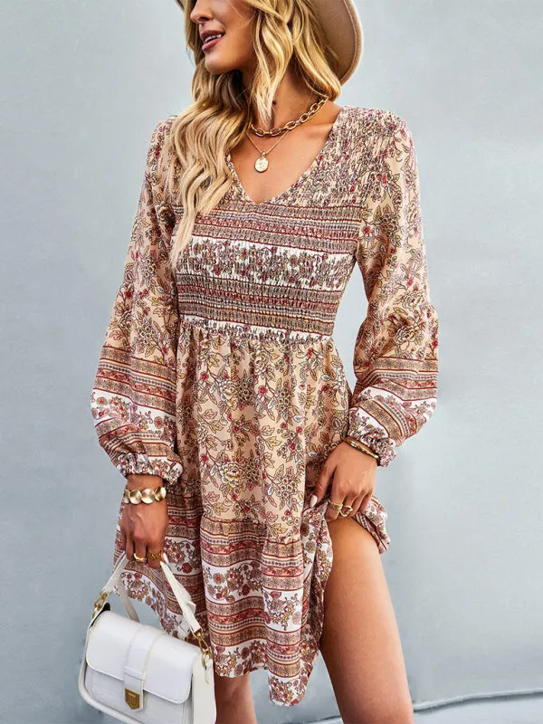 Bohemian Mini Dress with Floral Print and Smocked Bodice
