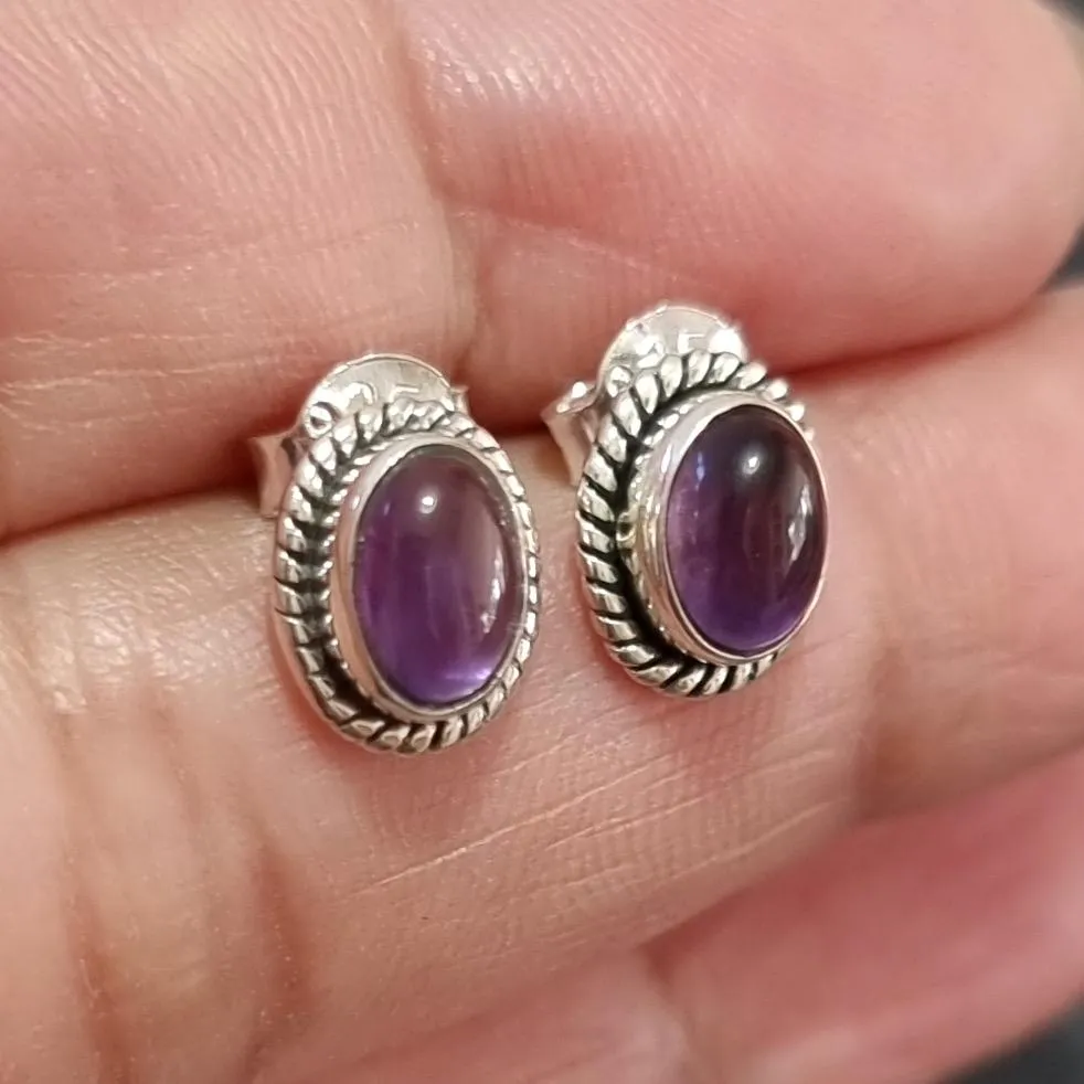 Boho Oval Amethyst Stud Earrings, 925 Sterling Silver, S4A